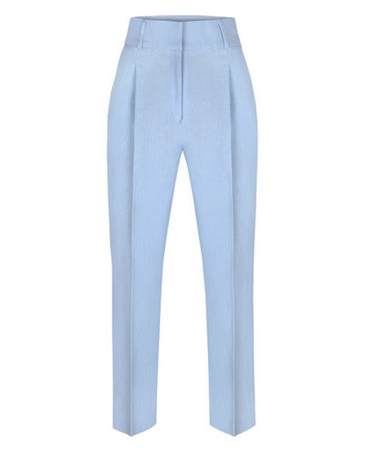 Spodnie damskie lniane z wysokim stanem, niebieski len sky blue