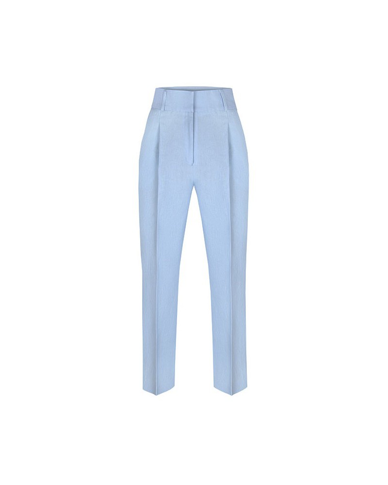Spodnie damskie lniane z wysokim stanem, niebieski len sky blue